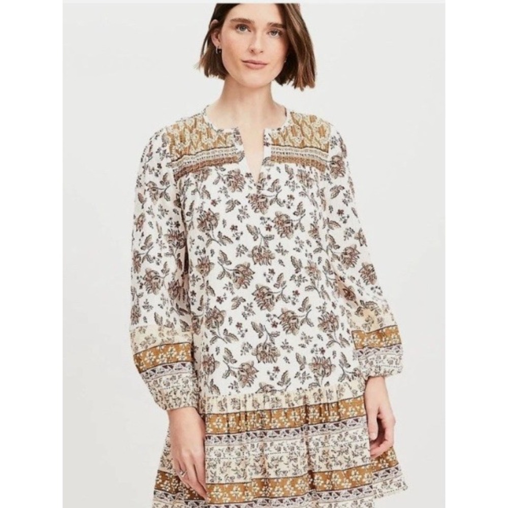 LOFT Floral Tiered Mini Dress NWT Sz XL Neutrals Splitβ Neck Peasant Boho 751338